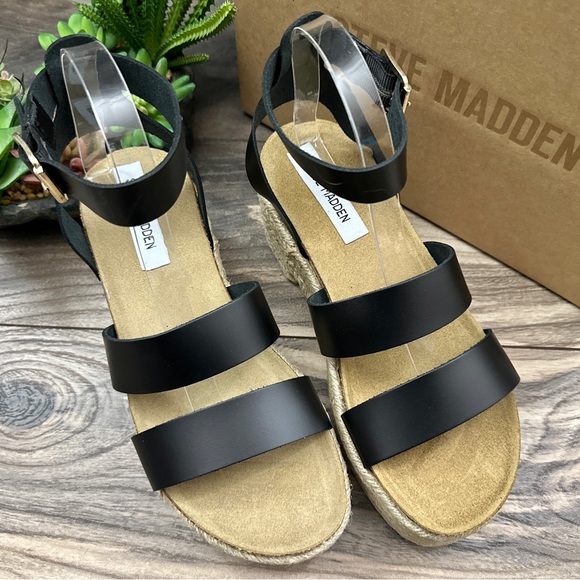NIB Steve Madden Kelton Espadrille Platform Ankle Strap Sandal Black Leather 8 - Picture 2 of 13